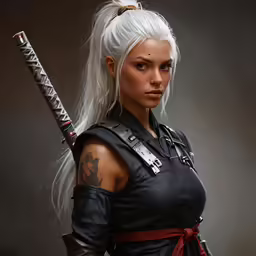 the white haired girl with the sword is holding something