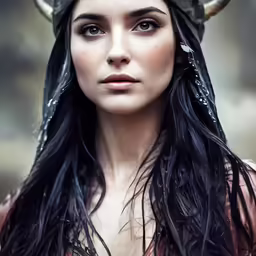 a woman with horns in a red dress is staring