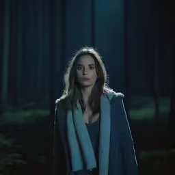 a young lady wearing a coat in the woods