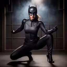 a woman dressed in catwoman costume crouching in a spotlight
