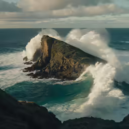 a large wave hits the end of a small rock