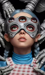 a young lady with an odd looking mask and some hands around her face