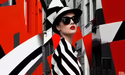 woman in sunglasses and hat with bold red black and white wall