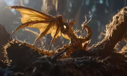 a yellow dragon sitting in the middle of a forest