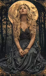 a young woman wearing a gray gown sits in front of a full moon