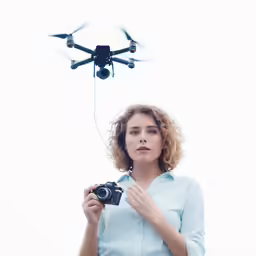 a woman holding a camera and flying a remote controlled quadlight plane