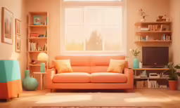 the sun is shining on the living room