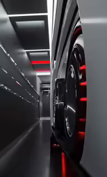 a hallway with a big tire on it
