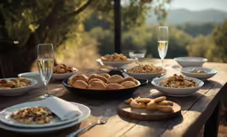 a wooden table topped with plates of food