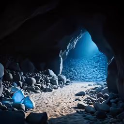 a cave containing several rocks and gravel area with a light at the end