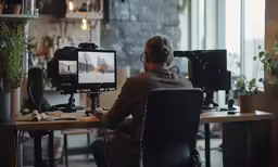 a person in a black chair in front of two computer screens