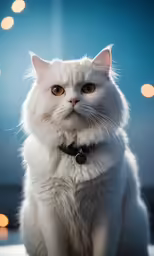 a white cat looks up with glowing lights in the background
