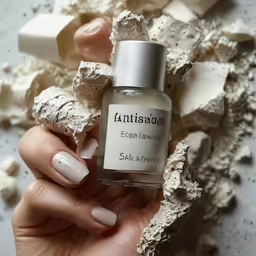 a hand holding an untidaled white nail with the bottle on the top