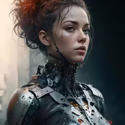 a woman in futuristic clothing looks out into the distance