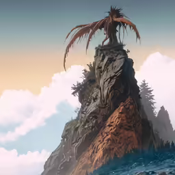 an island with an umbrella in it and a boat floating on water