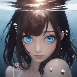 a close up of a blue eyed girl under water