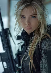 a beautiful young blond lady holding a rifle,a beautiful young blonde woman with a gun