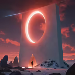 an alien landscape with an image of a man standing under the moon