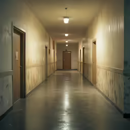a dimly lit hallway is seen in this image