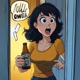 a girl standing in front of a doorway and holding a bottle