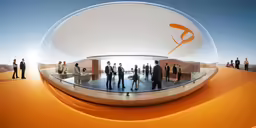 people standing around in front of an orange and white sign