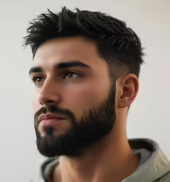 the man has a beard and an intense stare on his face