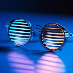 the sun shines brightly through sunglasses on a blue surface