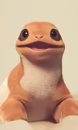 the stuffed animal is smiling while lying on top of a bed