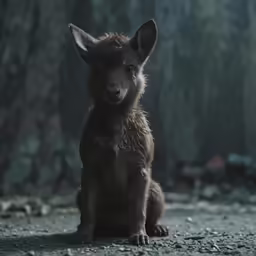 a baby wolf is sitting on a rocky surface