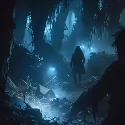 two people walking through a swampy area in the night