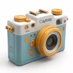 a camera with yellow buttons and an orange lens