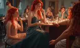 a beautiful woman sitting next to a person in a dress