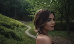 a woman with brown hair and black tank top standing in front of a path