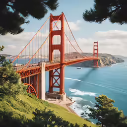 the golden gate bridge, a cable bridge, is on the shore
