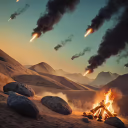 a sky filled with flames and birds flying above a field