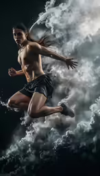 a digital painting of a man running in the clouds