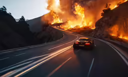 two cars on road with large flames and water