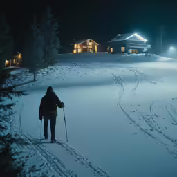 the person walks in snowshoes outside of a lit up house