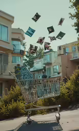 an abandoned shopping cart has been filled with books floating above