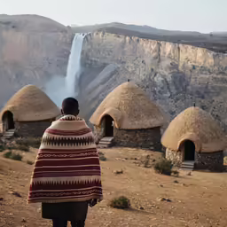 a man is standing in front of some huts