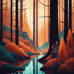 a forest that has some water and rocks,a painting of a forest with a creek and two people sitting on the bank