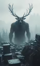 a giant black monster surrounded by boxes and trees