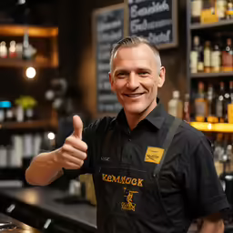 a man wearing an apron smiles and gives the thumbs up
