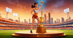 a game character with a golden trophy stands in front of a stadium backdrop,girl soccer player kicking a ball over the head