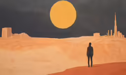 the man is standing in the desert with a city on his back