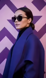 a woman in glasses stands near an outdoor wall
