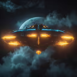 an artwork of the front part of a space station in the middle of the night with glowing lights and fog surrounding it