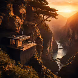 a lone building in the mountains near water