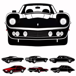 a vintage car in various colors and silhouettes,the car is all different colors and sizes,classic car silhouettes - classic muscle cars stock photo,the car is black, with red and white trim,the silhouettes of cars from different angles