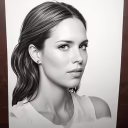 a woman is looking at the camera in this black and white photo